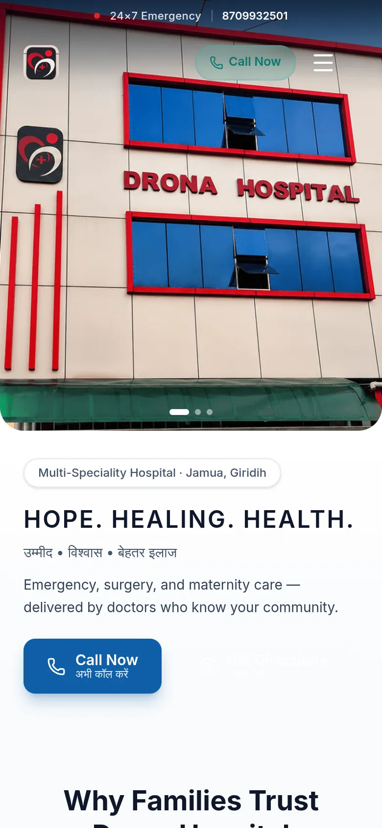 Drona Hospital website — mobile view